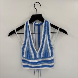 Hollister Crochet Halter Crop Top XS Blue White Striped Knit Y2K Boho Vacation
